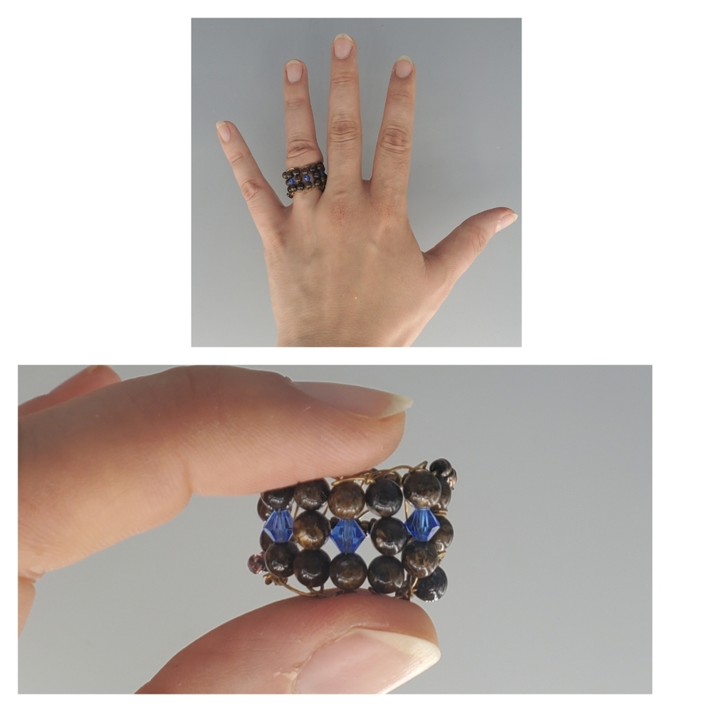 Brown Goldtone Sandstone w/ Blue Swarovski Crystal Ring